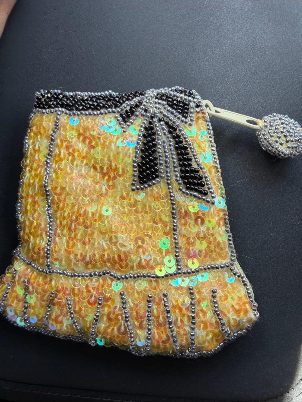 Yellow Beaded Coin Purse Cute Skirt Shape - Picture 2 of 5